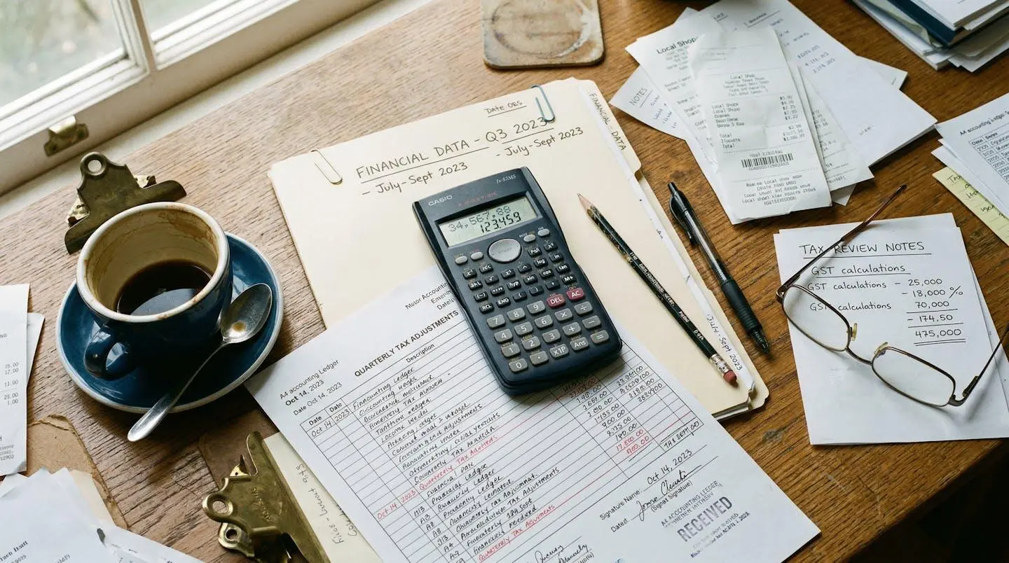 Calculatrice et documents comptables sur un bureau avec une main posée à côté, suggérant une analyse budgétaire en cours