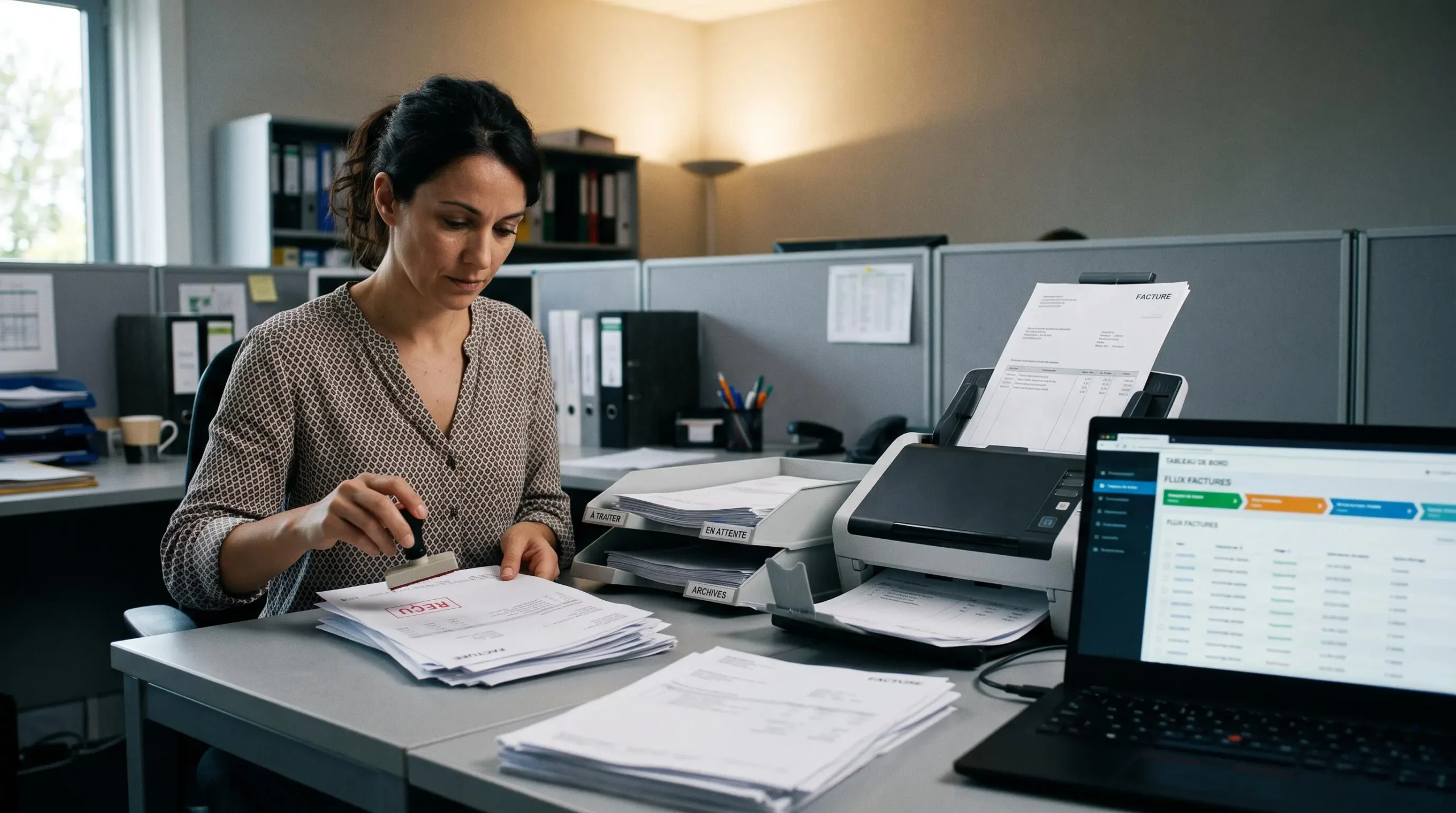 Une collaboratrice comptable numérise et trie des factures fournisseurs papier à côté d'un ordinateur affichant leur version dématérialisée.