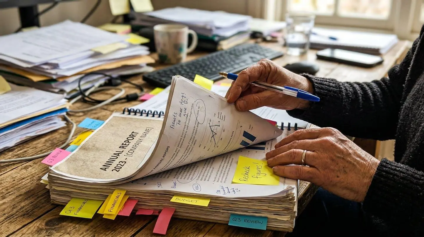 Gros plan sur des mains feuilletant un rapport annuel épais avec un stylo et des post-it colorés sur un bureau encombré de documents