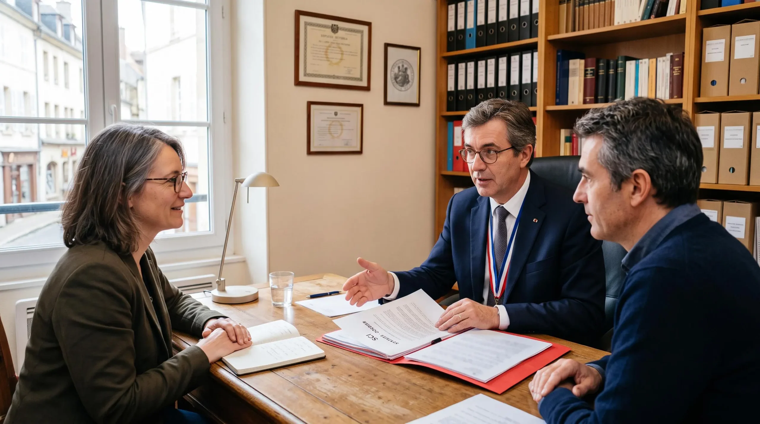 Notaire français expliquant les statuts d'une SCI à un couple de clients dans son étude notariale