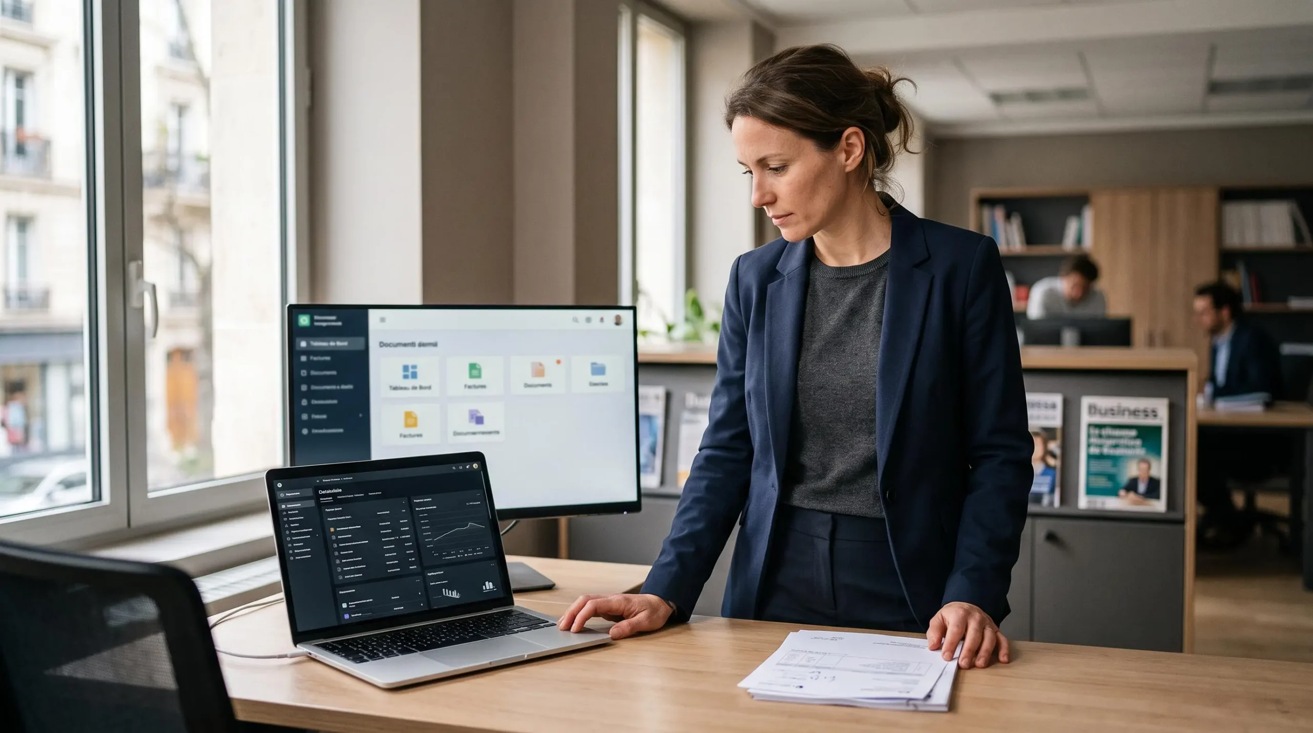 Une responsable administrative compare sur son ordinateur une solution de gestion électronique des documents dans un bureau de PME, entourée de factures fournisseurs papier.