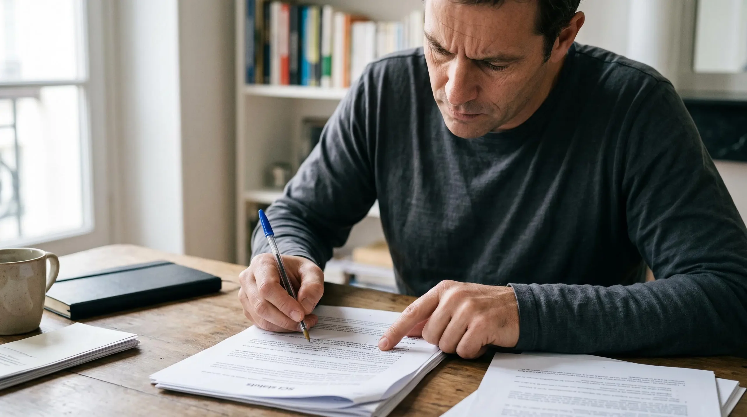 Personne annotant et révisant attentivement des statuts de SCI imprimés sur son bureau