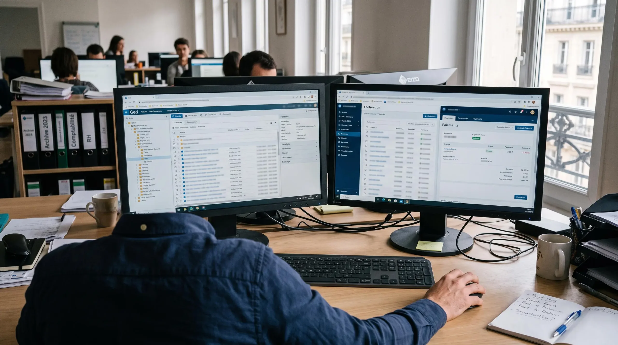 Un responsable informatique de PME travaille sur un poste à double écran affichant deux applications distinctes, GED et plateforme de facturation.
