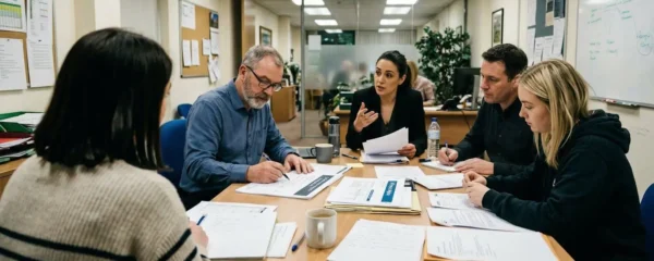 Groupe de quatre personnes assises autour d'une table de réunion avec des documents papier, vue de trois-quarts arrière dans une salle de bureau aux murs blancs