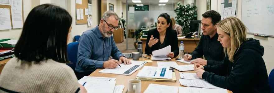 Groupe de quatre personnes assises autour d'une table de réunion avec des documents papier, vue de trois-quarts arrière dans une salle de bureau aux murs blancs