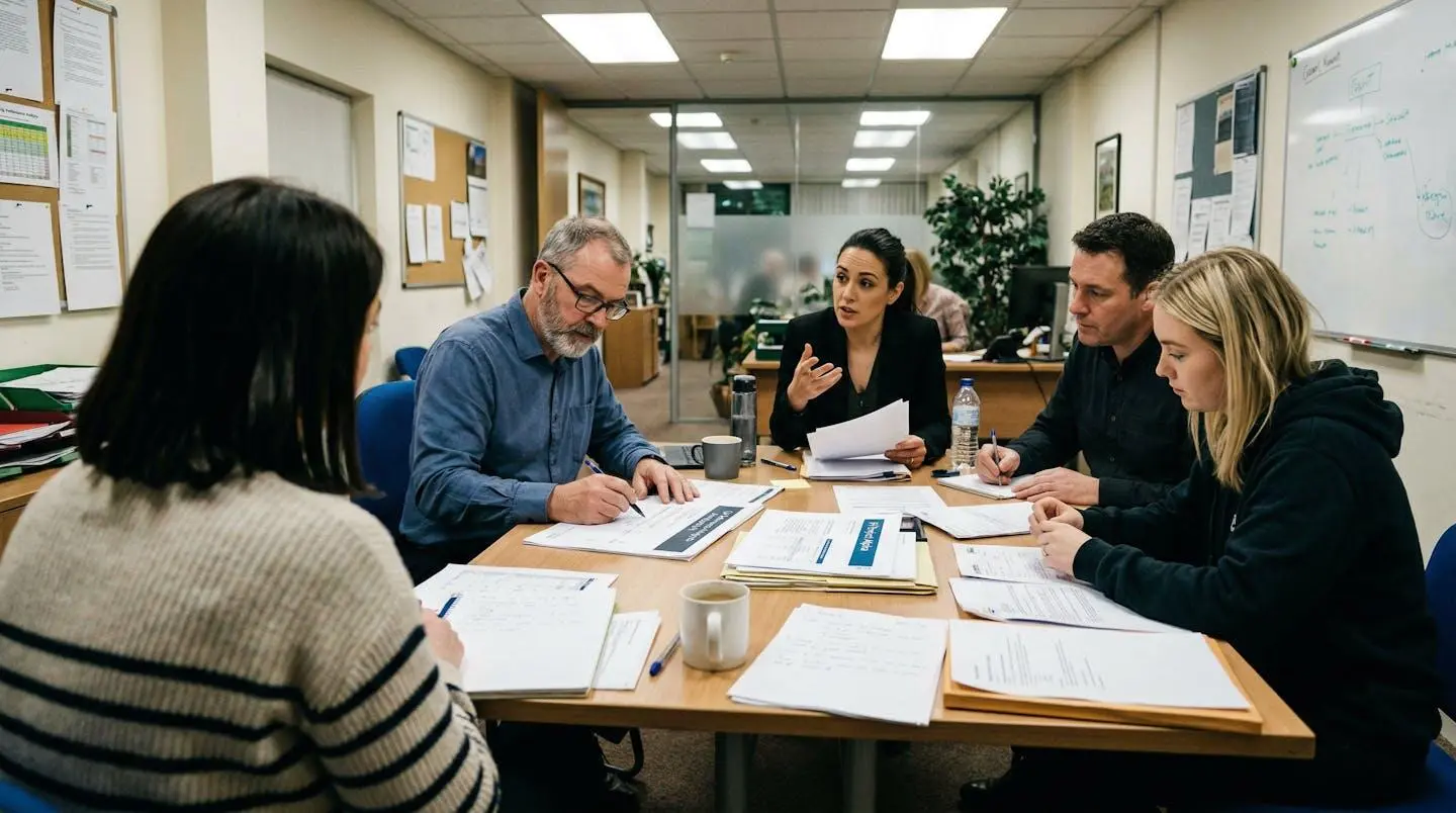 Groupe de quatre personnes assises autour d'une table de réunion avec des documents papier, vue de trois-quarts arrière dans une salle de bureau aux murs blancs