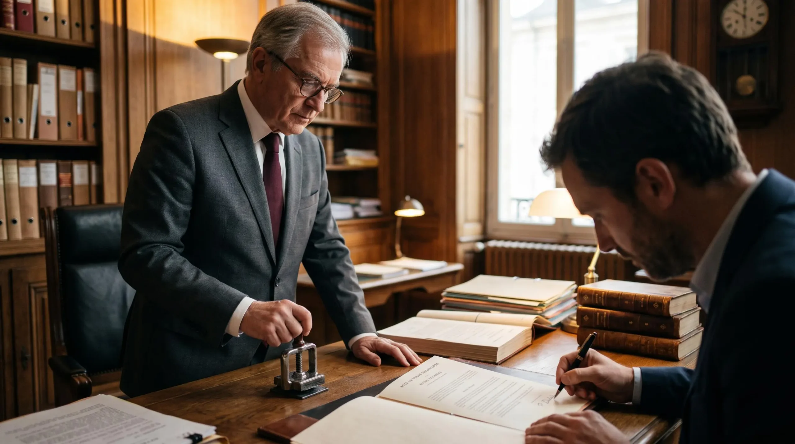 Notaire authentifiant la signature d'un acte officiel avec son sceau dans son étude