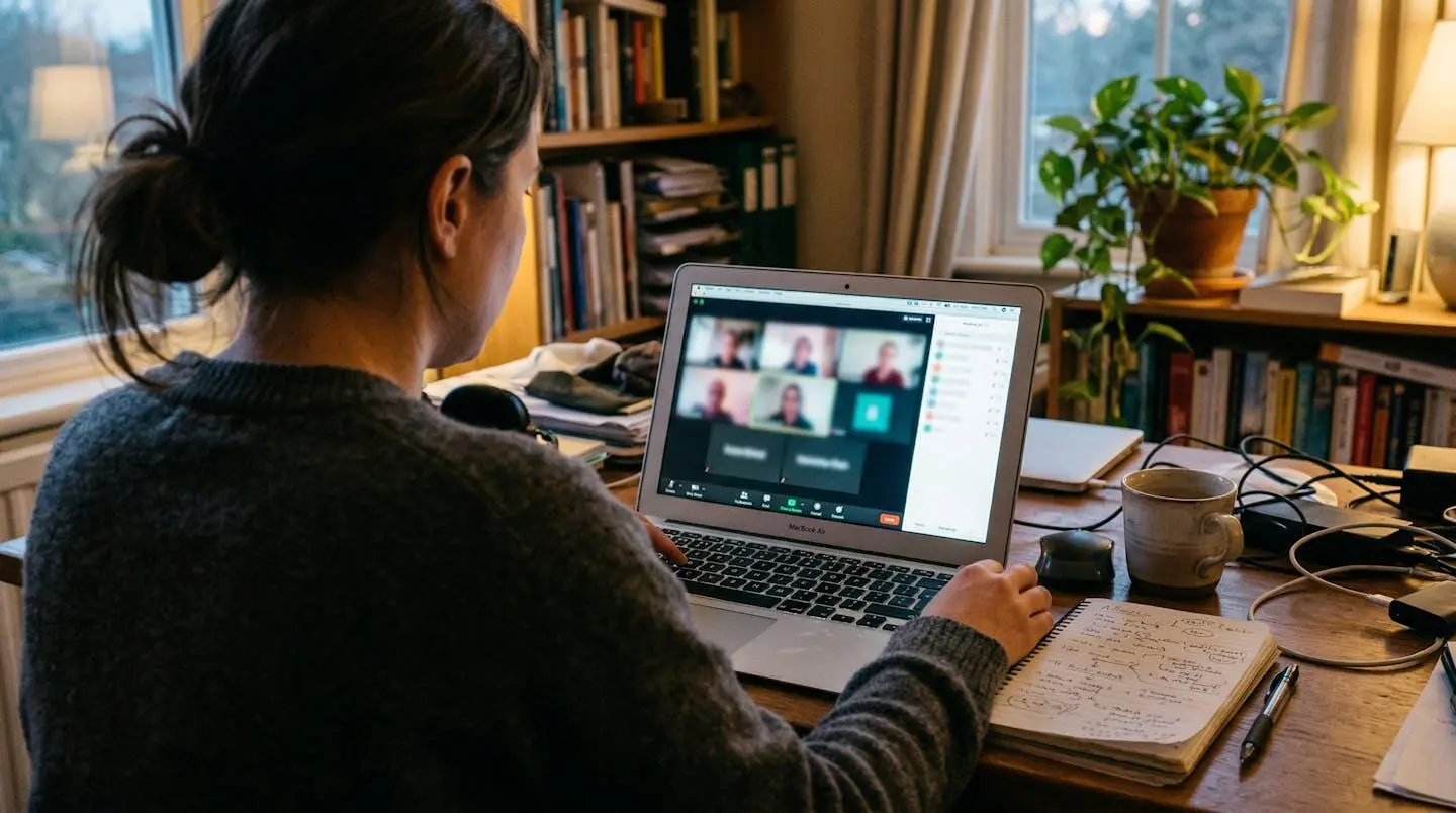 Écran d'ordinateur portable montrant une interface de visioconférence floue avec des notes papier posées à côté sur un bureau